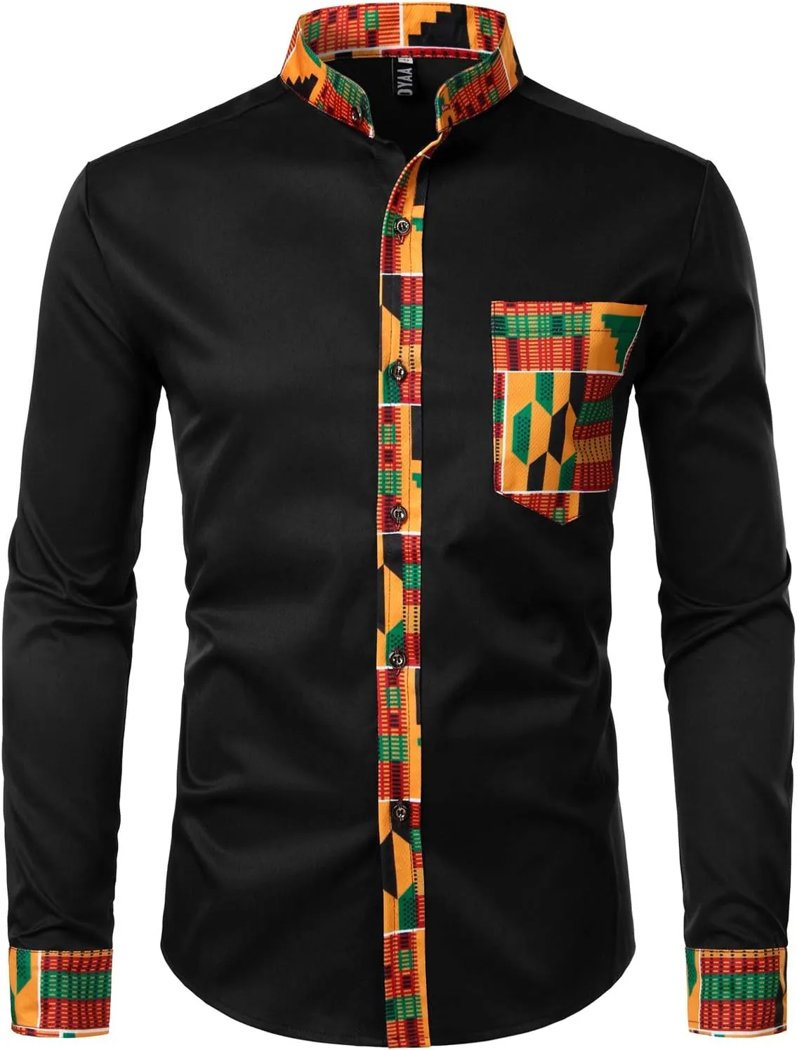 ZEROYAA Men's Hipster African Tribal Graphic Patchwork Design Slim Fit Long Sleeve Button up Mandarin Collar Shirts
