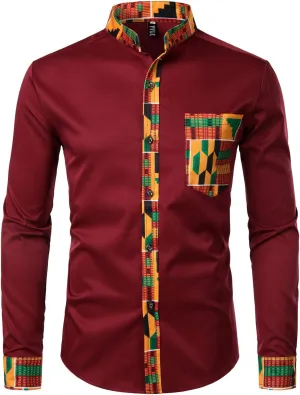 ZEROYAA Men's Hipster African Tribal Graphic Patchwork Design Slim Fit Long Sleeve Button up Mandarin Collar Shirts