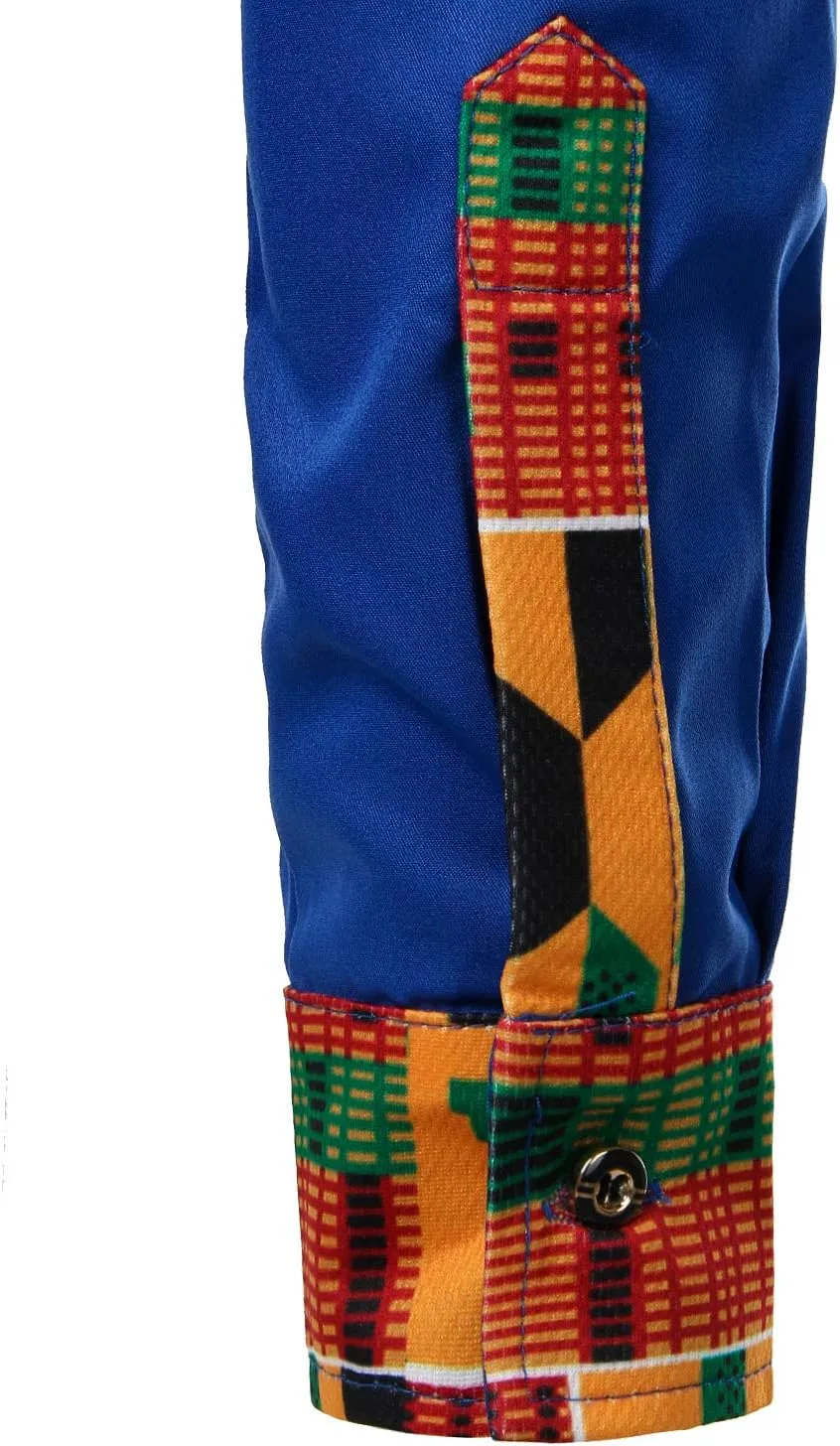 ZEROYAA Men's Hipster African Tribal Graphic Patchwork Design Slim Fit Long Sleeve Button up Mandarin Collar Shirts