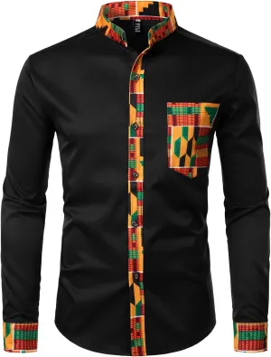 ZEROYAA Men's Hipster African Tribal Graphic Patchwork Design Slim Fit Long Sleeve Button up Mandarin Collar Shirts