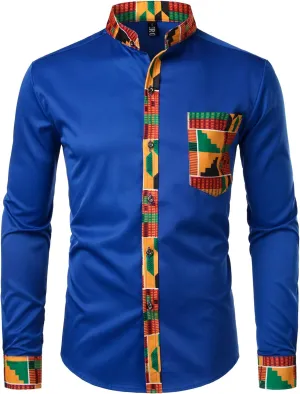 ZEROYAA Men's Hipster African Tribal Graphic Patchwork Design Slim Fit Long Sleeve Button up Mandarin Collar Shirts