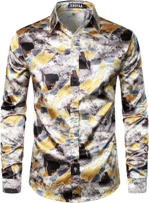 ZEROYAA Men's Hipster Fitted Silk Like Satin Dress Shirt Long Sleeve Button Down Printed Shirt for Party Prom