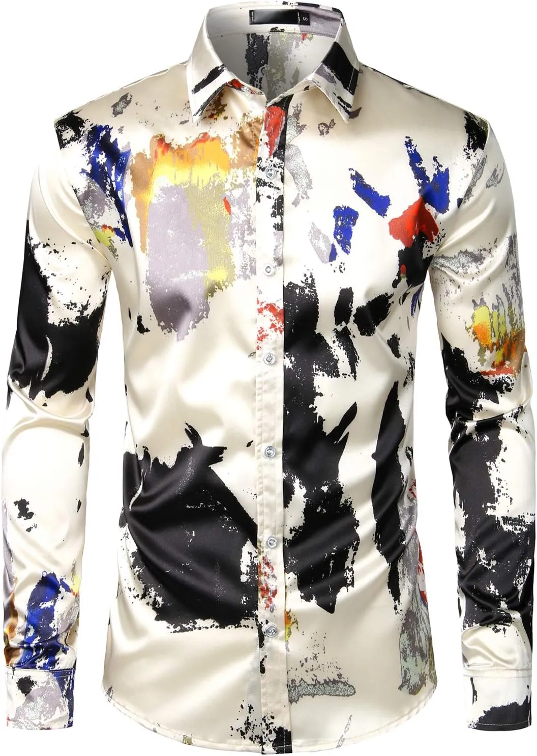 ZEROYAA Men's Hipster Fitted Silk Like Satin Dress Shirt Long Sleeve Button Down Printed Shirt for Party Prom