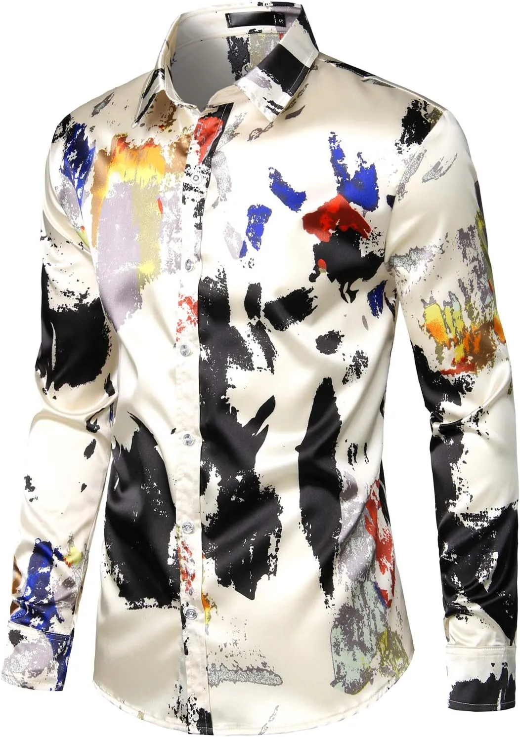 ZEROYAA Men's Hipster Fitted Silk Like Satin Dress Shirt Long Sleeve Button Down Printed Shirt for Party Prom