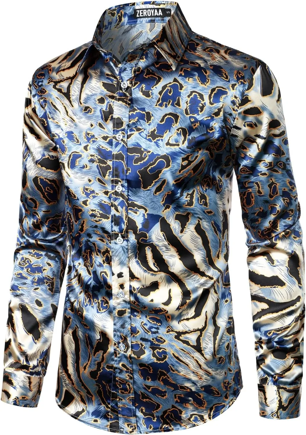 ZEROYAA Men's Hipster Fitted Silk Like Satin Dress Shirt Long Sleeve Button Down Printed Shirt for Party Prom