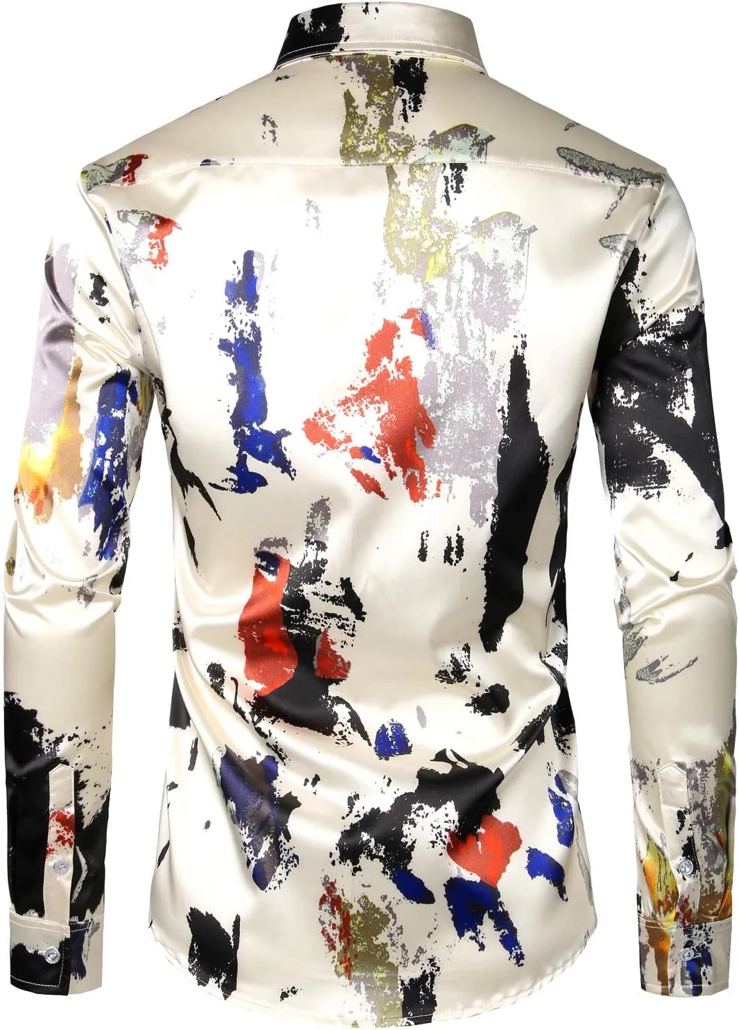 ZEROYAA Men's Hipster Fitted Silk Like Satin Dress Shirt Long Sleeve Button Down Printed Shirt for Party Prom