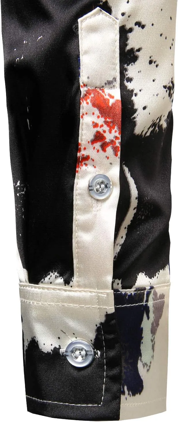 ZEROYAA Men's Hipster Fitted Silk Like Satin Dress Shirt Long Sleeve Button Down Printed Shirt for Party Prom