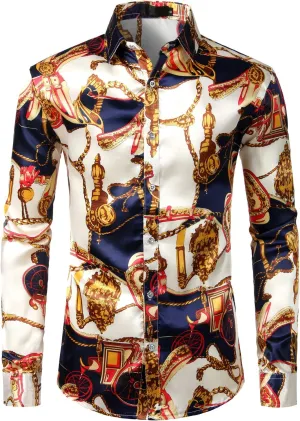 ZEROYAA Men's Hipster Fitted Silk Like Satin Dress Shirt Long Sleeve Button Down Printed Shirt for Party Prom
