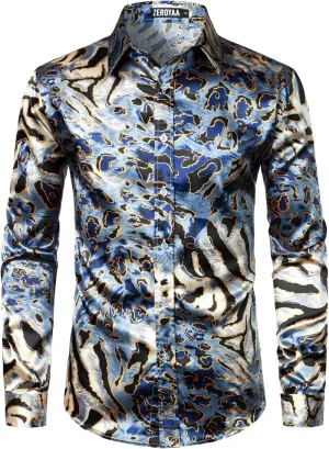 ZEROYAA Men's Hipster Fitted Silk Like Satin Dress Shirt Long Sleeve Button Down Printed Shirt for Party Prom