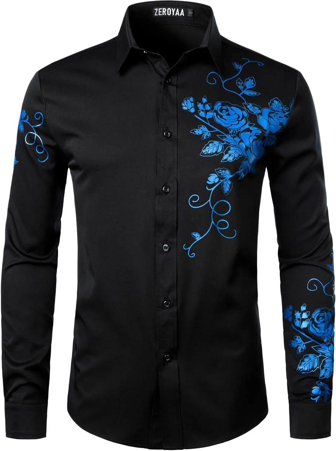 ZEROYAA Men's Hipster Rose Floral Printed Slim Fit Long Sleeve Button Up Party Dress Shirts