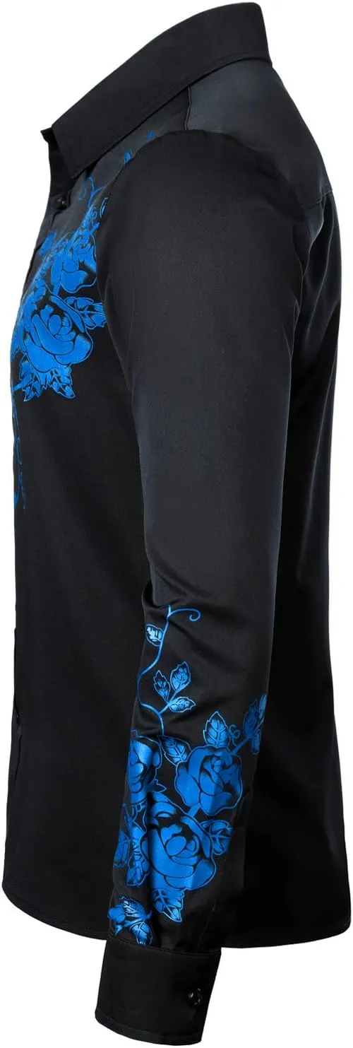 ZEROYAA Men's Hipster Rose Floral Printed Slim Fit Long Sleeve Button Up Party Dress Shirts