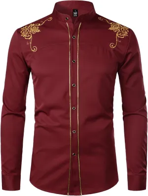 ZEROYAA Men's Luxury Gold Embroidery Design Slim Fit Long Sleeve Button Up Dress Shirts