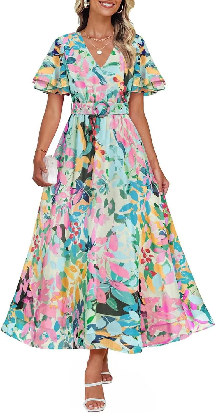 ZESICA Women's 2025 Summer Floral V Neck Midi Dress Boho Short Sleeve High Waist Flowy Beach Vacation Dresses with Belt