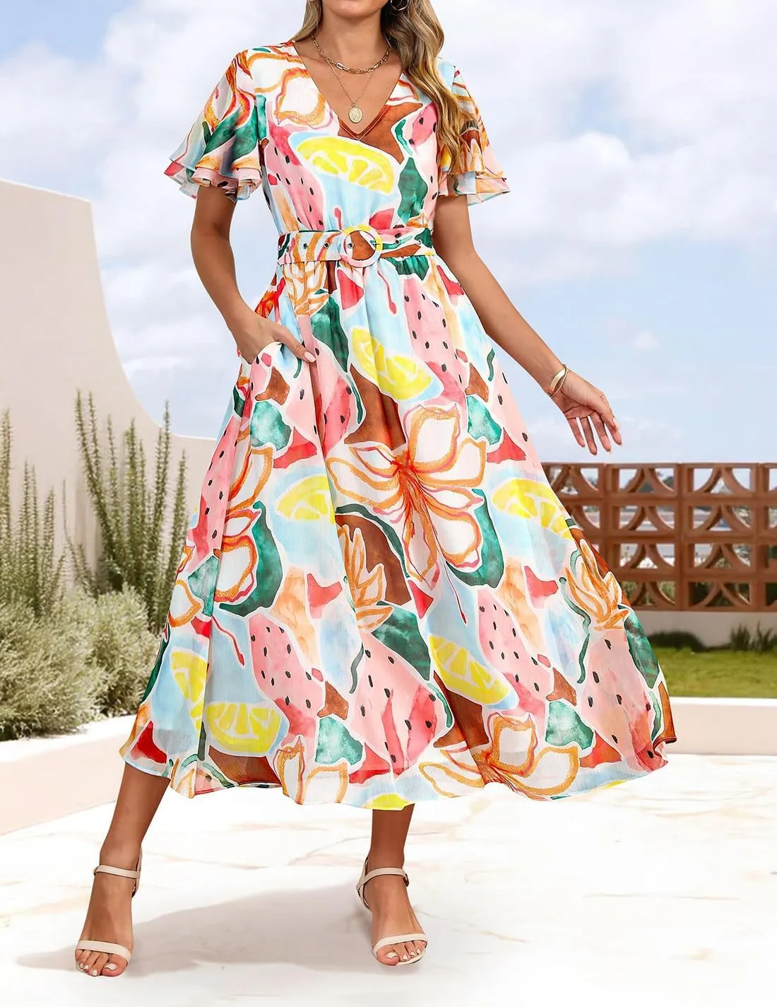 ZESICA Women's 2025 Summer Floral V Neck Midi Dress Boho Short Sleeve High Waist Flowy Beach Vacation Dresses with Belt