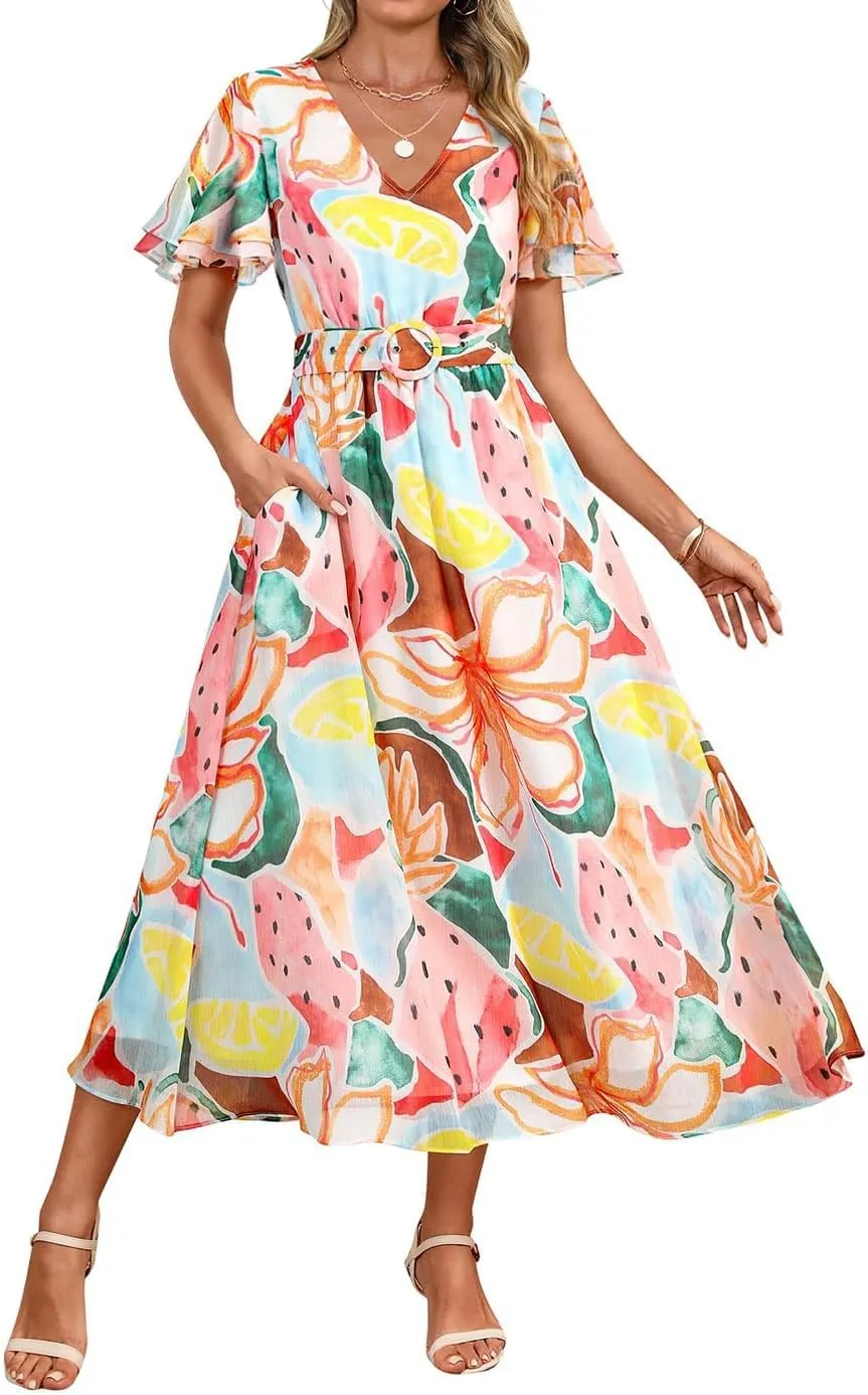 ZESICA Women's 2025 Summer Floral V Neck Midi Dress Boho Short Sleeve High Waist Flowy Beach Vacation Dresses with Belt