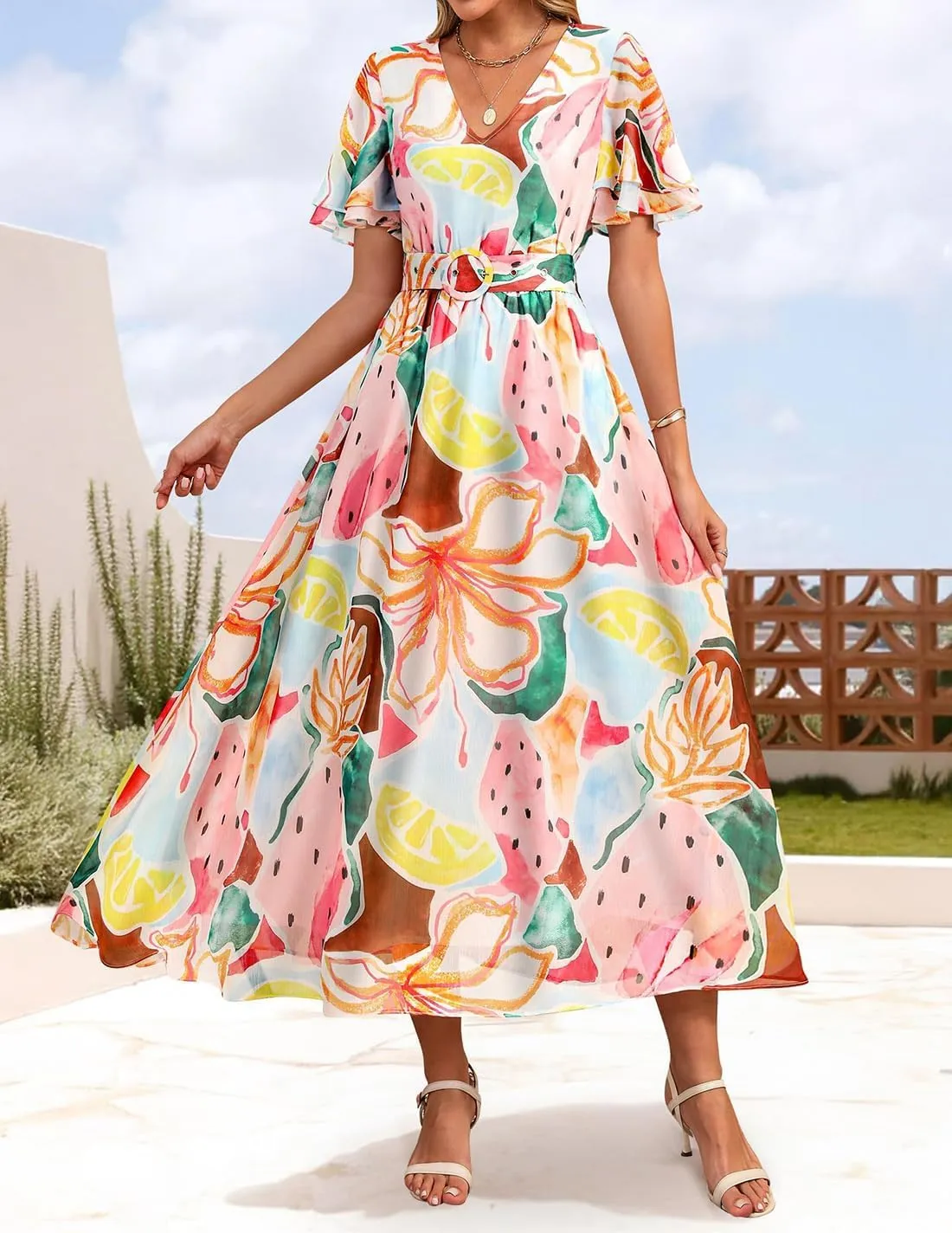 ZESICA Women's 2025 Summer Floral V Neck Midi Dress Boho Short Sleeve High Waist Flowy Beach Vacation Dresses with Belt