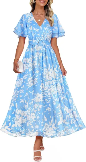 ZESICA Women's 2025 Summer Floral V Neck Midi Dress Boho Short Sleeve High Waist Flowy Beach Vacation Dresses with Belt