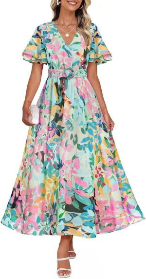 ZESICA Women's 2025 Summer Floral V Neck Midi Dress Boho Short Sleeve High Waist Flowy Beach Vacation Dresses with Belt