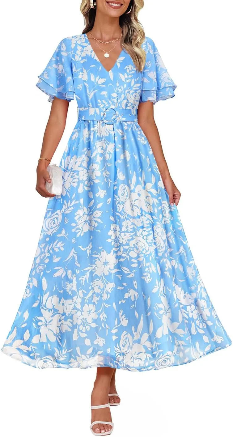 ZESICA Women's 2025 Summer Floral V Neck Midi Dress Boho Short Sleeve High Waist Flowy Beach Vacation Dresses with Belt