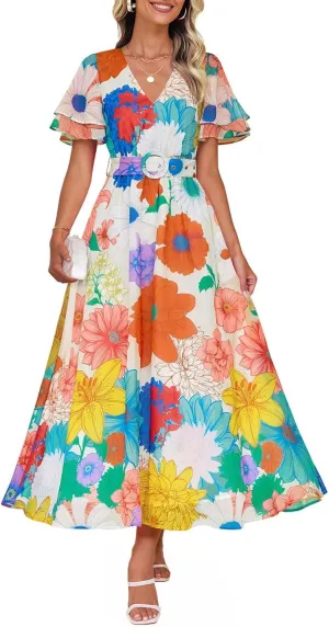 ZESICA Women's 2025 Summer Floral V Neck Midi Dress Boho Short Sleeve High Waist Flowy Beach Vacation Dresses with Belt