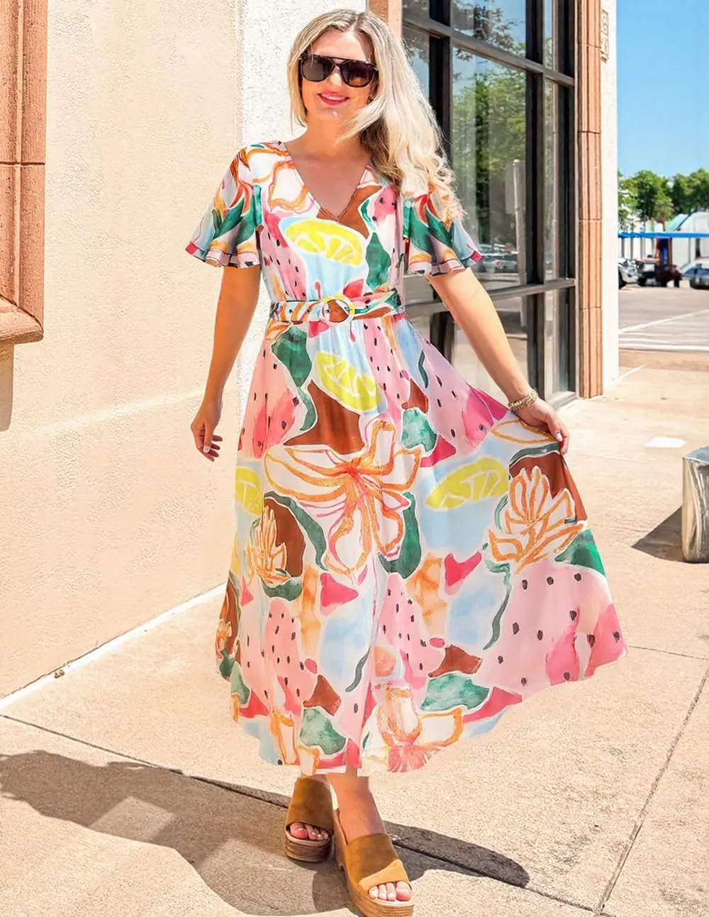 ZESICA Women's 2025 Summer Floral V Neck Midi Dress Boho Short Sleeve High Waist Flowy Beach Vacation Dresses with Belt