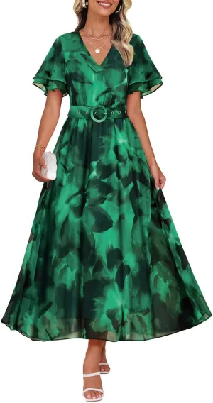 ZESICA Women's 2025 Summer Floral V Neck Midi Dress Boho Short Sleeve High Waist Flowy Beach Vacation Dresses with Belt