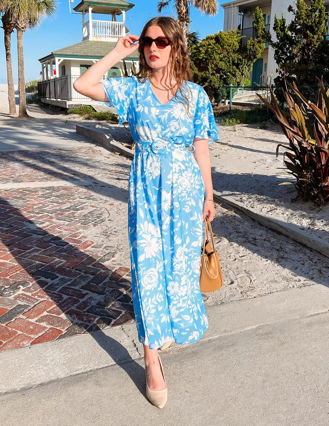 ZESICA Women's 2025 Summer Floral V Neck Midi Dress Boho Short Sleeve High Waist Flowy Beach Vacation Dresses with Belt