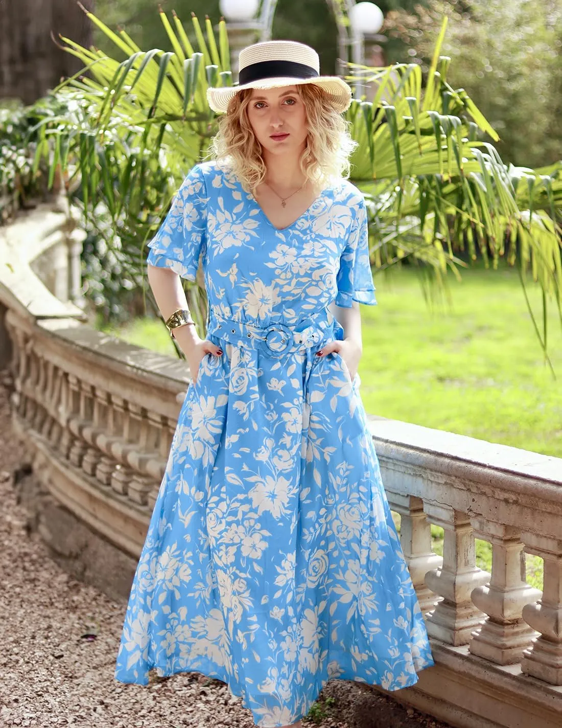 ZESICA Women's 2025 Summer Floral V Neck Midi Dress Boho Short Sleeve High Waist Flowy Beach Vacation Dresses with Belt