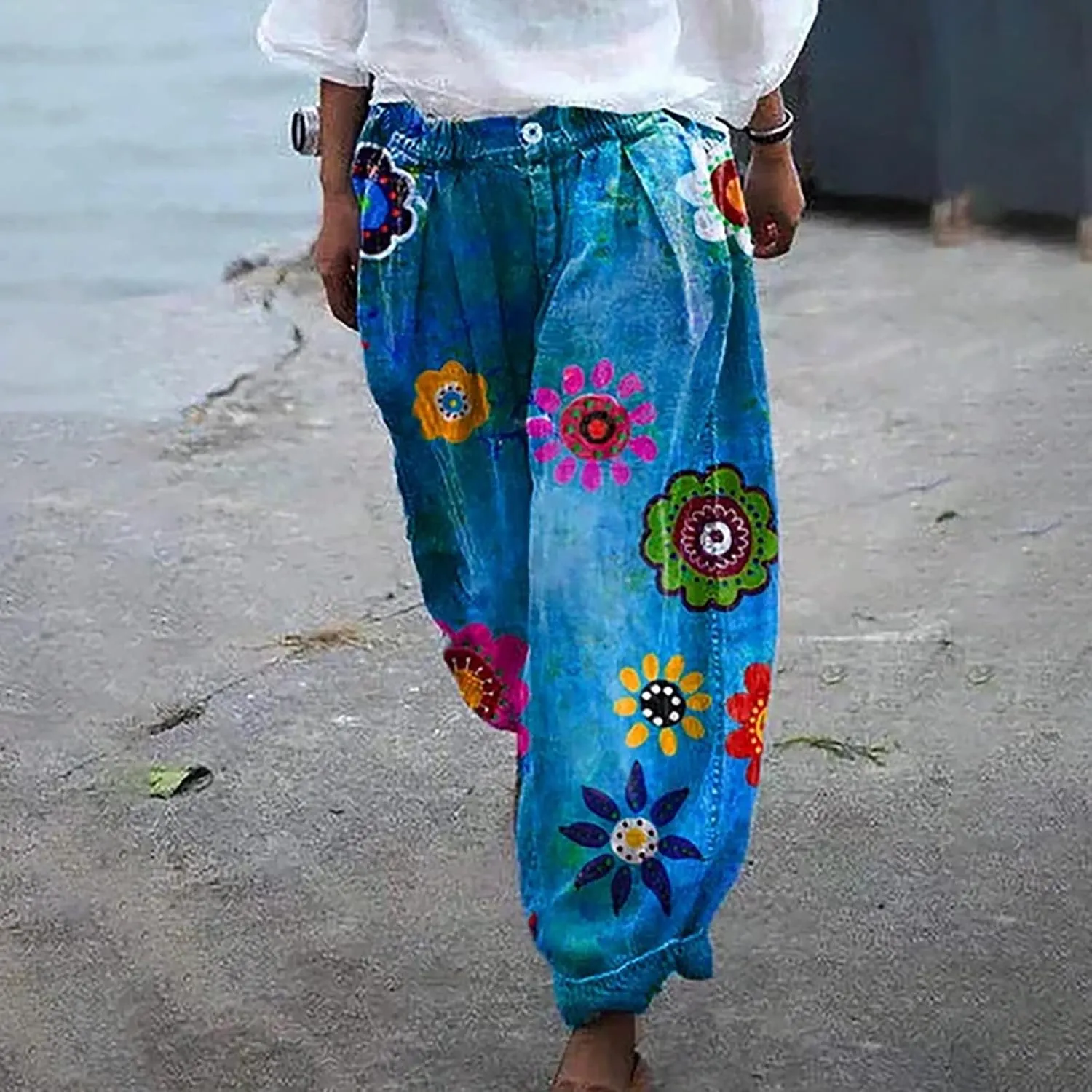 ZYXTIM Boho Pants for Women 2024 Plus Size Summer Trousers Elastic Waist Wide Leg Loose Casual Hawaiian Hippie Beach Pants
